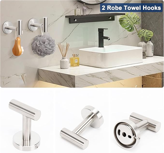 NearMoon 5 Pieces Bathroom Hardware Set SUS304 Thicken Stainless Steel-Towel Rack Kit Include 24" Towel Rod +Bath Towel Ring +Toilet Paper Holder +2 Robe Towel Hooks Bath Accessories (Nickel)