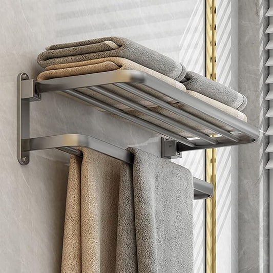 BOZWELL Bathroom Lavatory Towel Rack with Two Towel Bars,16-Inch（40cm） Towel Shelf with Towel Bar,Towel Holder 1011-GR-40 (Modern Gray Finish)