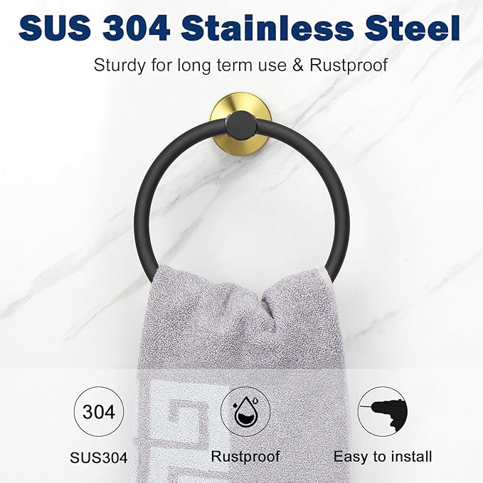 NearMoon Bath Towel Ring, Bathroom Hardware Accessories-Thicken Stainless Steel Hand Towel Holder for Bathroom, Modern Round Towel Hanger Wall Mounted (Black and Gold, 1 Pack)
