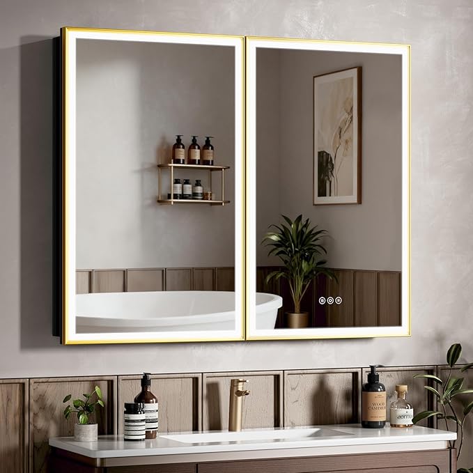40X32 Inches Framed Medicine Cabinet with Lights, Bathroom Medicine Cabinet with 3-Color/Dimmable, Anti-Fog, Plug-in & Hardwired, Surface Mount & Recessed