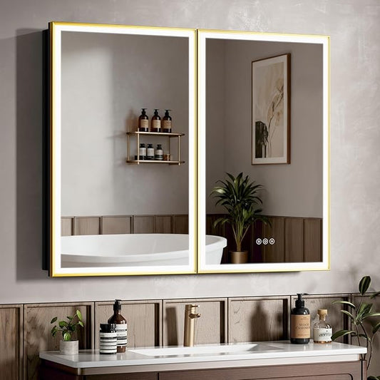 40X32 Inches Framed Medicine Cabinet with Lights, Bathroom Medicine Cabinet with 3-Color/Dimmable, Anti-Fog, Plug-in & Hardwired, Surface Mount & Recessed