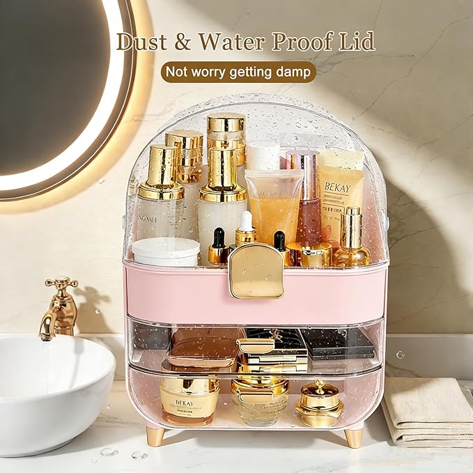 Makeup Organizer with Drawers,Cosmetic Display Case for Vanity,Skincare Organizer with 360 Rotating Brush Holder,Large Storage Box Dresser for Women Gifts, Bathroom Countertop,pink