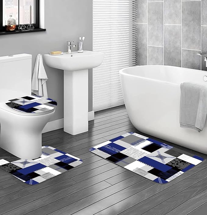 All Smiles Blue Shower Curtain Sets with Non-Slip Rugs,Toilet Lid Cover and Bath Mat, Black and Gray Bathroom Decor Set Accessories Waterproof Shower Curtains