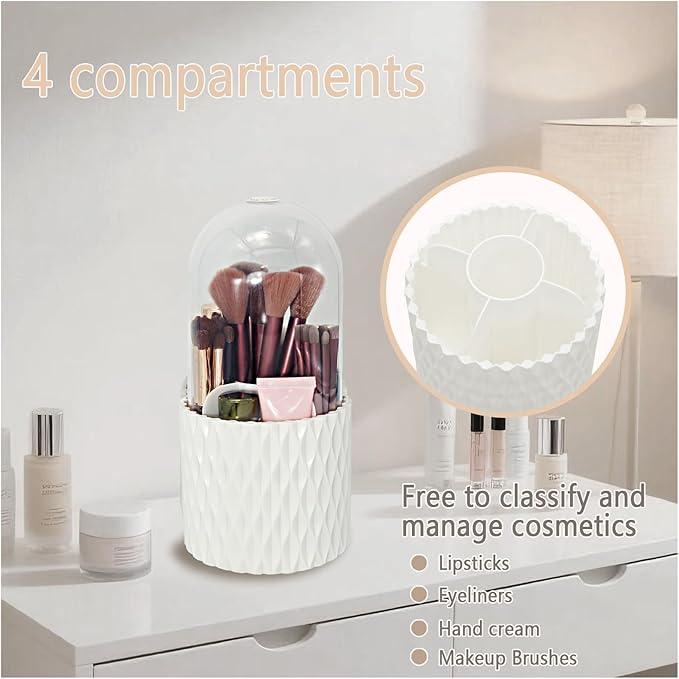 VNIMTI 360??Smooth Rotating Makeup Brush Holder with Dustproof Lid Spinning Vanity Organizer for Beauty Lipstick Perfume,Brushes Storage Container,Countertop,Dressing Table,Bathroom Desk (White)