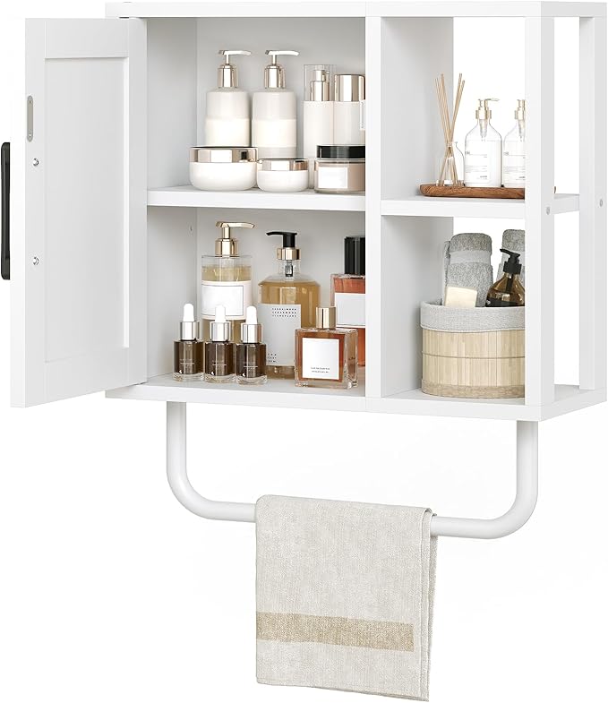 YATINEY Medicine Cabinet, Bathroom Wall Cabinet with Towel Bar, Over The Toilet Storage Cabinet with Adjustable Shelf and Open Partition, for Bathroom, Laundry Room, Living Room, Kitchen, White