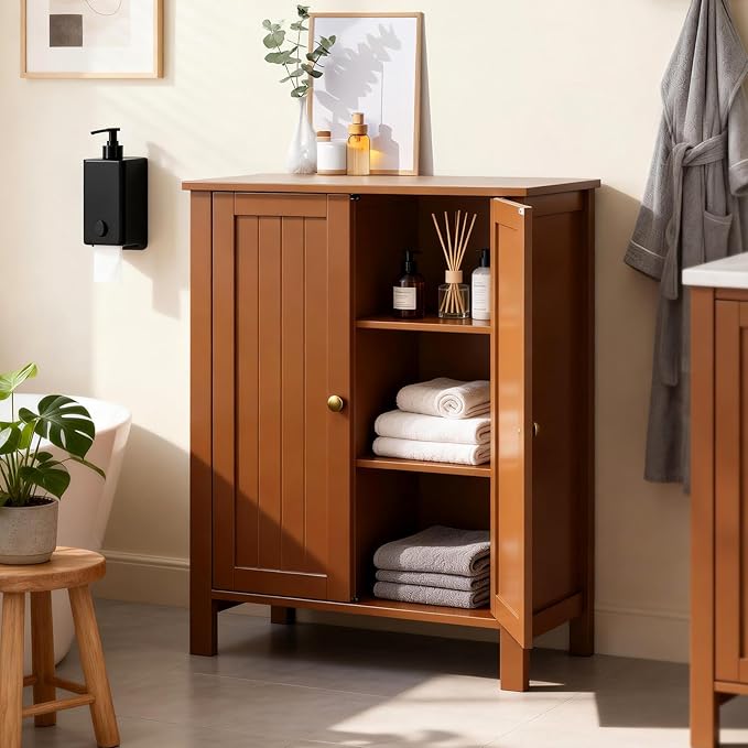 Bonnlo Free Standing Bathroom Storage Cabinet, Rustic Brown Floor Cabinet with Doors, Small Wooden Accent Sideboard Console for Entryway, Kitchen, Living Room Organization, 31.5" H
