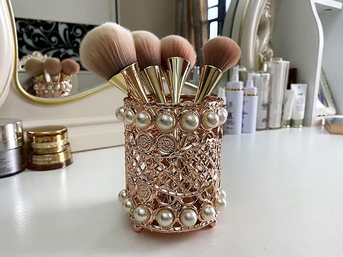 Gullor Handcrafted Pearls Makeup Brush Holder Organizer Eyebrow Comb Brushes Pen Pencil Cosmetic Storage Box for Vanity, Bathroom, Bedroom, Office Desk, Rose Gold