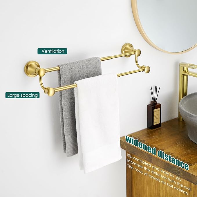 Hoimpro Adjustable Retractable 15-27 Inches Stainless Steel Bathroom Towel Bar, Bathroom Accessories Bath Hotel Double Towel Bar Rod Hanger Wall Mounted Towel Holder Towel Rack, Brushed Gold