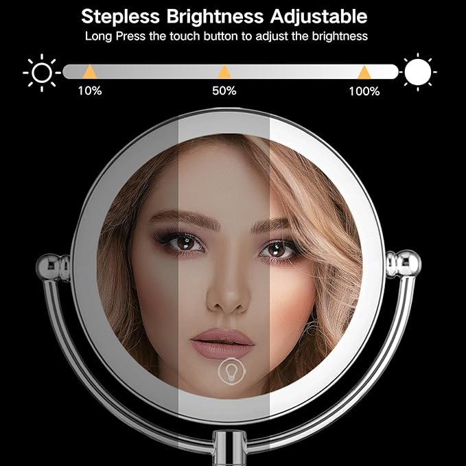 Wall Mounted Lighted Makeup Mirror with Magnification, 8-inch 1X/10X Wall Mount Magnifying Mirror for Bathroom, Touch Dimmable, 360 Degree Swivel, 2-Sided, Extendable Arm