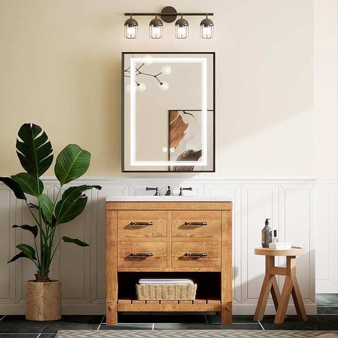 TETOTE 24 x 30 Black Led Lighted Medicine Cabinet Mirror with 3-Color Lights, Wall Mount or Recessed Cabinet Mirror for Bathroom with Storage, Tempered Glass, 2 Outlets, Anti-Fog, Adjustable Shelf