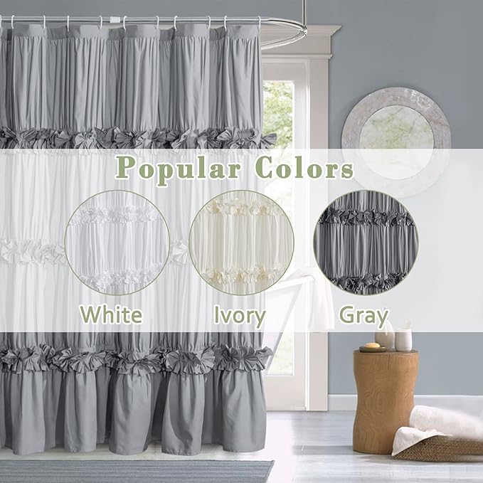 Victorian Ruffle Shower Curtain, Vintage Handcrafted Bow Tie Bath Curtain for Master Bathroom, Ruched Microfiber Bathroom Curtain with 12 Buttonholes, 72" W x 72" H, Gray (LQ-10)