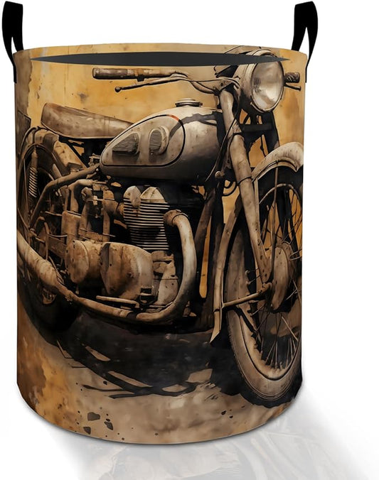 Vintage Motorcycle Laundry Basket Hamper for Boys Girls Kids Adults, Foldable Waterproof Oxford Clothes Storage Bin, Biker Organizer for Bedroom Bathroom Room Decor 19.7"x15.8"