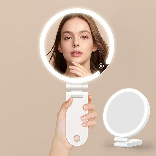 Travel Makeup Mirror with Lights, 20X/1X Double-Sided Magnifying Mirror with 3 Color Lights, Brightness Adjustable, Rechargeable, Foldable Handheld Makeup Mirrors Portable for Travel Use