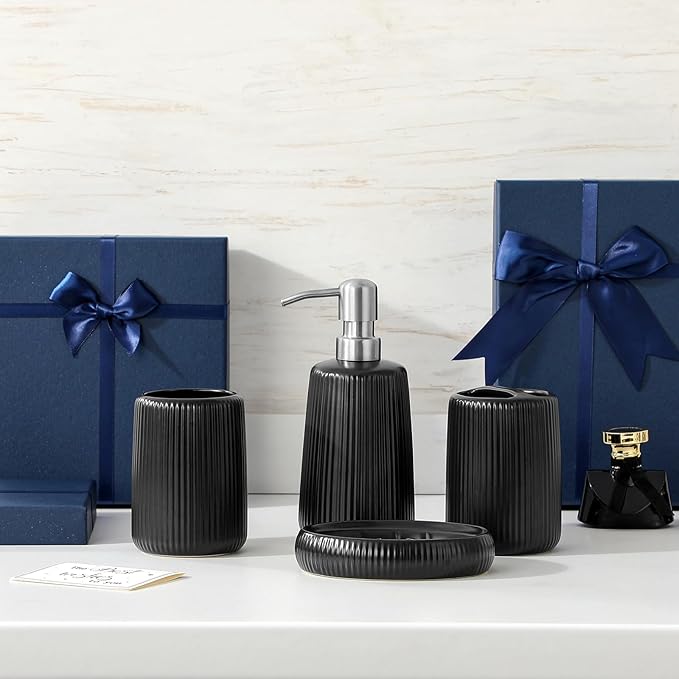 vancasso Ceramic Bathroom Accessories Set 4 Piece, Soap Dispenser with Stainless Steel Pump, Toothbrush Holder, Tumbler and Soap Dish, Modern Relief Design, Bathroom Decor Organizer, Black
