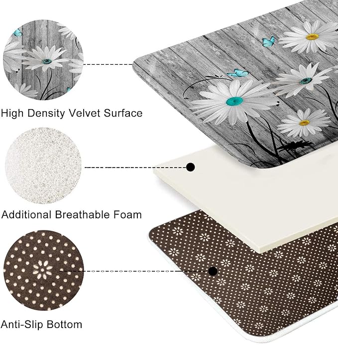 ArtSocket Flower Daisy Bathroom Set with Shower Curtain and Bath Rugs and Accessories,Gray Wooden Boards Non-Slip Shower Curtain Set,Bathroom Decor 3 Pcs