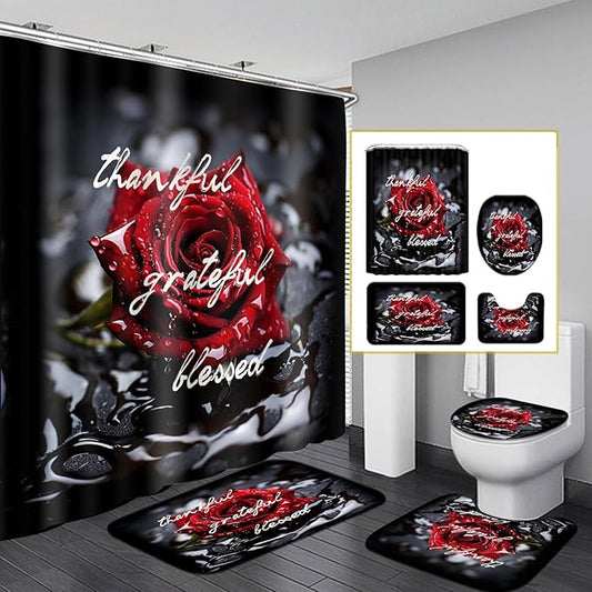4Pcs Romantic Red Rose Bathroom Shower Curtain Sets, Valentine's Day Gift Waterproof Fabric Floral Bathroom Sets with Shower Curtain and Rugs Toilet Lid Cover Bath Mat, Retro Flower Home Decor Sets