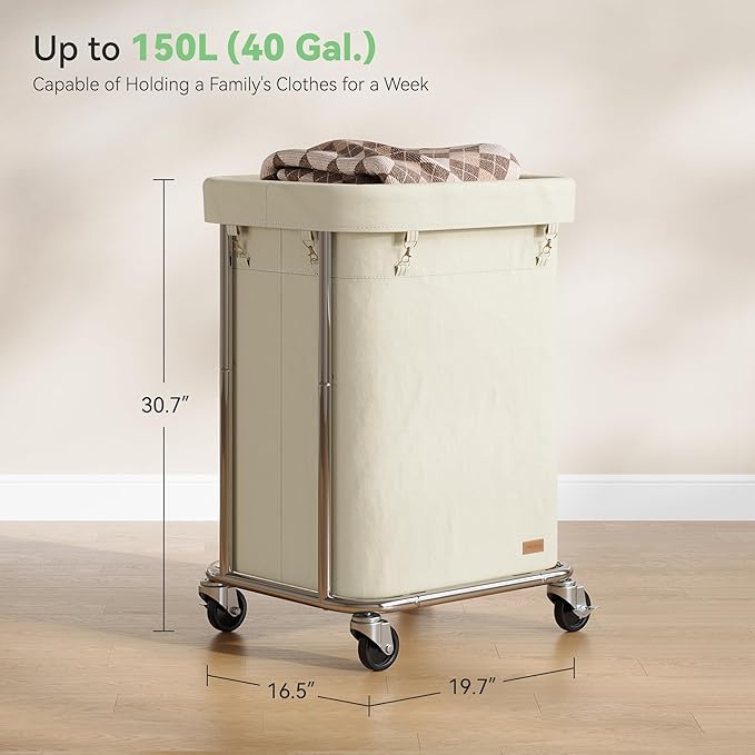 Nunsino Laundry Basket with Wheels 150L/40Gal, Rolling Laundry Hamper with Steel Fram and Removable Washing Bag,Laundry Sorter Cart for Laundry Room,Hotel,Dorm,Cream and Silver