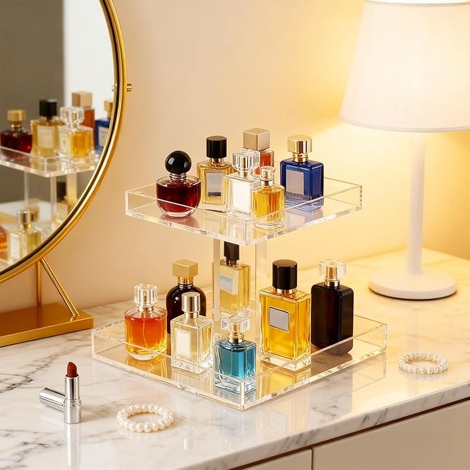 2-Tier Acrylic Bathroom Cosmetic Storage Organizer for Dresser and Countertop Standing Perfume Tray for Bedroom Decor