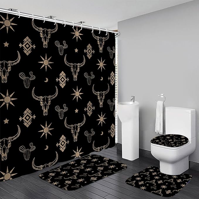 4Pcs Cow Skull Western Shower Curtains for Bathroom Decor Sets with Rugs, Sun and Cactus Farmhouse Shower Curtain for Bathroom, Black Gold Washable Fabric with 12 Hooks, Set de baño completo