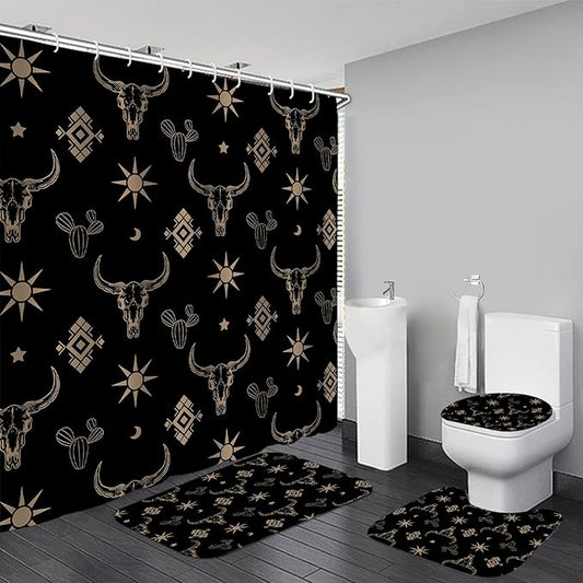 4Pcs Cow Skull Western Shower Curtains for Bathroom Decor Sets with Rugs, Sun and Cactus Farmhouse Shower Curtain for Bathroom, Black Gold Washable Fabric with 12 Hooks, Set de baño completo