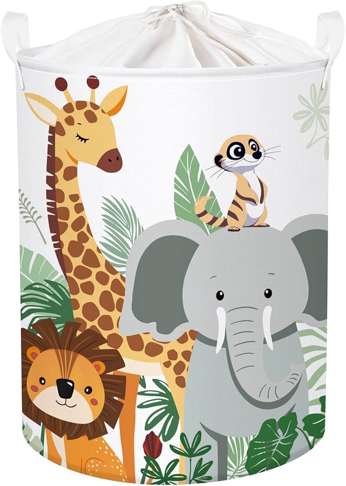 Tropical Animals Baby Laundry Hamper Collapsible Clothes Kid Storage Basket Giraffe Elephant Large Boys Girls Gift Toy Box Bin for Nursery, Lion, 63L