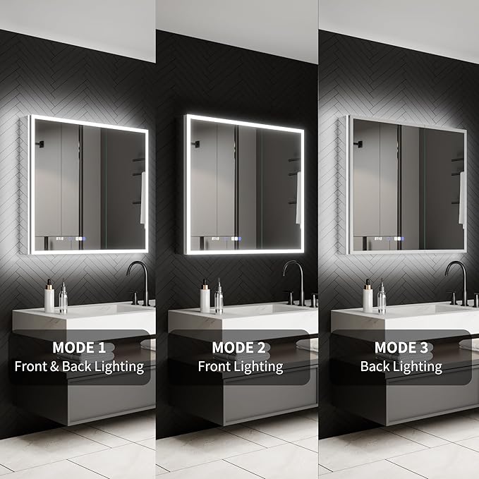 ExBrite 36 x 32 Lighted Medicine Cabinet with Mirror, Front&Backlit led Medicine Cabinet,Clock Temp Display,Defog,5X Magnifier,3 Colors Temper Dimmable,Surface or Recessed Mount,Door Wide Open