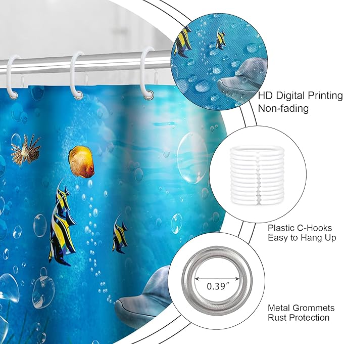 4Pcs Deep Blue Fish Shower Curtain Sets with Rugs, Dolphin Coral Ocean Theme Bathroom Decor Sets Complete, Home and Hotel Bathroom Accessories, juego de baño, 12 PCS Hooks, 71 x 71 in