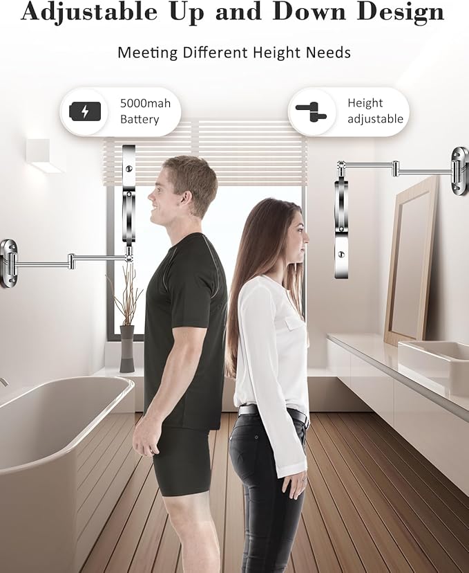 vpu 9" Wall Mounted Makeup Mirror with Light, 20X/1X Height Adjustable Double Sided Magnifying Bathroom Lighted Mirror, 3 Color Touch Dimmable Extended Arm 360 Rotation Light up Magnification Mirrors