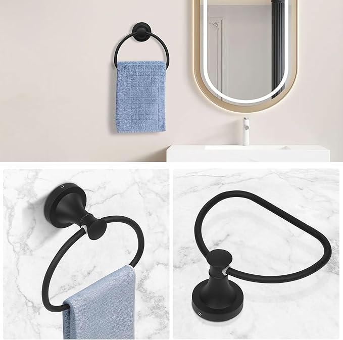 Black Bathroom Hand Towel Holder, Matte Black Towel Ring Holder, Wall Mounted Towel Rack Hanger Home Half Round Bathroom Hardware Accessory Modern