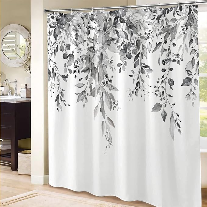 kampdream Grey and White Eucalyptus Plant Shower Curtain, Watercolor Leaves On The Top Botanical Bathroom Curtain 72 ×72 Inch