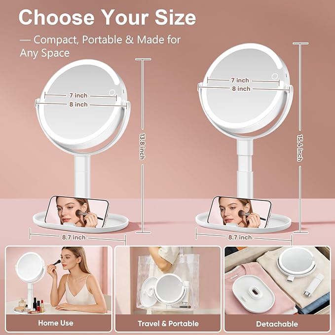 Lighted Makeup Mirror with 10X Magnification, Rechargeable LED Magnifying Vanity Mirror with 3 Lights, Adjustable Height, Storage Base and Phone Holder, White, 7 inch