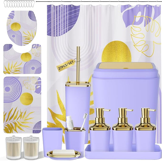 Bathroom Accessories Set - 27PC Bathroom Sets with Shower Curtain and Rugs, Purple Bathroom Set, Purple Bathroom Accessory Set with Trash Can, Toilet Brush & 3 PC Soap Dispensers