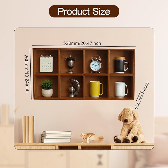 Wooden Display Shelf for Wall Display Case 8 Grids Wall Mounted Home Decoration Shelf for Bathroom Indoor