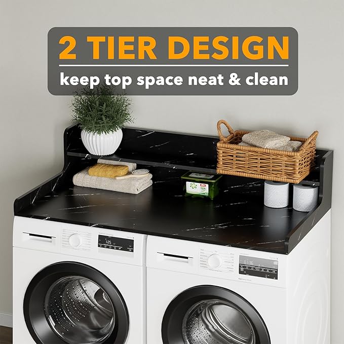 SpaceAid Washer Dryer Countertop with 2-Tier Shelf, Wood Topper with Edge, 54" Width x 27.5" Depth Cover Organizer Guard for Washer and Dryer Counter Laundry Hamper Storage (Black Marble)