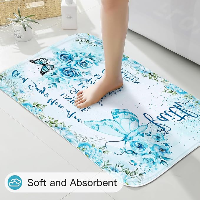 Litabel 4 Pcs Teal Butterfly Inspirational Quotes Shower Curtain Set with Rugs and Toilet Lid Cover, Colorful Boho Waterproof Fabric Bathroom Set, Bible Verse Floral Bathroom Decor Set Accessories