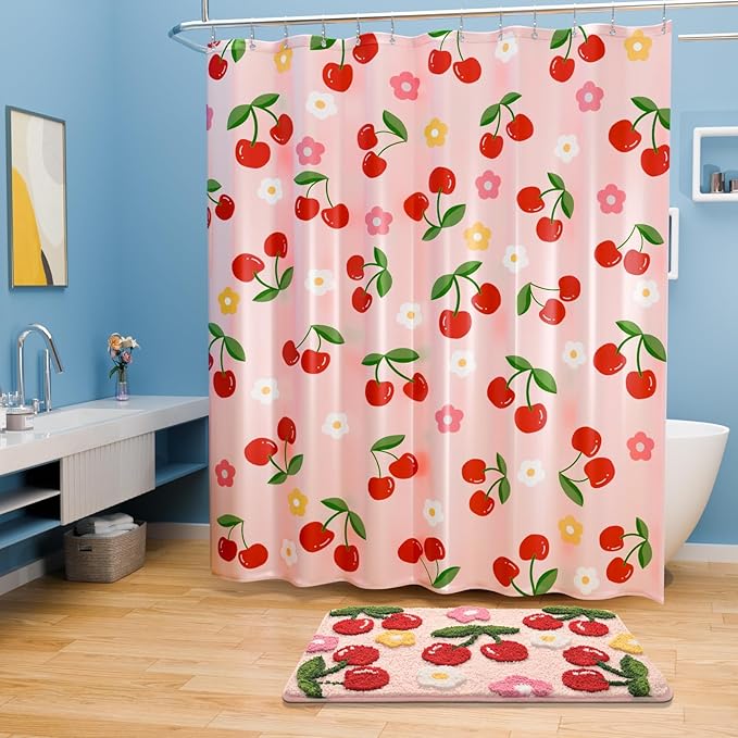 Anybar Fabric Shower Curtain Cute Floral Cherry Curtains Waterproof Soft Polyester Bathroom Curtain- Decor Washable Privacy Cloth Extra Long Shower Curtain for Bathroom (72x84inch) Pink