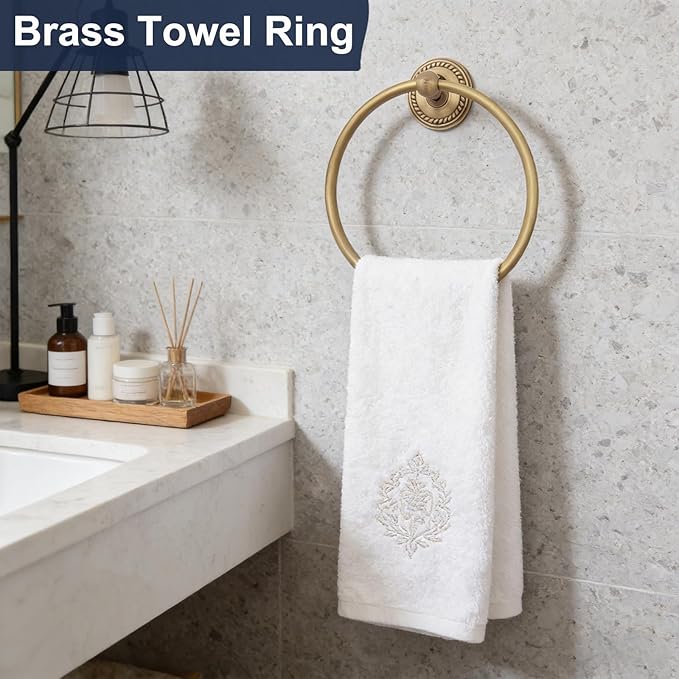 Towel Ring Antique Brass, Towel Holder for Bathroom Wall Mounted, Gold Hand Towel Ring, Round Towel Rack Hanger for Bath, Kitchen