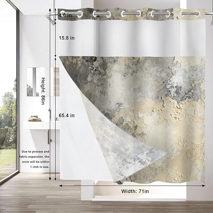 Shrahala Taupe Squares Texture No Hooks Shower Curtain with Snap in Liner Set, Grey and Beige Art Painting Bathroom Décor Polyester Fiber Waterproof for Stall Bathtubs 71 X 86 in