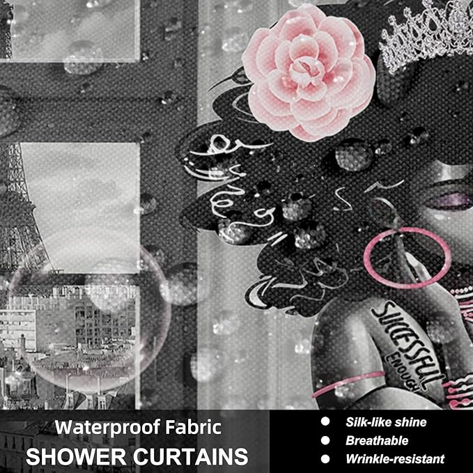4Pcs African American Shower Curtain Sets with Rugs, Black Girl Shower Curtain for Bathroom Decor Sets with Paris Eiffel Tower Art Pattern, Grey Waterproof juego de baño, with 12 PCS Hooks