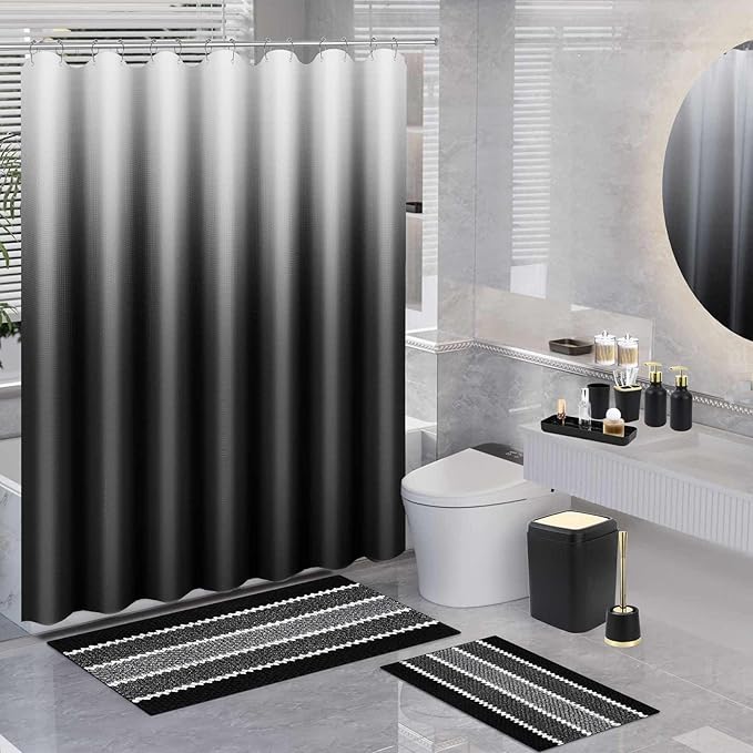 XLHOMO 25PCS Black Bathroom Accessories Sets Complete, with Shower Curtain, Rugs, Trash Can and Toilet Brush, Soap Dispenser, Toothbrush Holder and Cup, Soap Dish, Qtip Holder, Bathroom Decor Sets