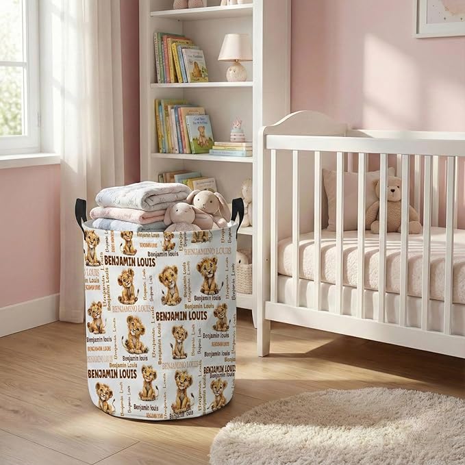 Custom Lion Laundry Baskets, Personalized Lion Gifts with Customized Name, Collapsible Laundry Hamper for Kids Adults Home Decoration,16.5 X 13.8in
