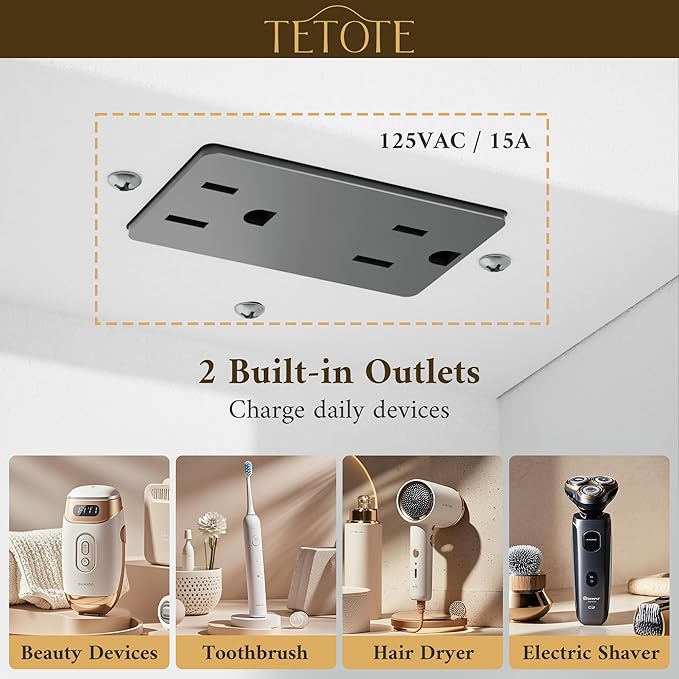 TETOTE White Led Lighted Bathroom Medicine Cabinet with Mirror 20 x 26 Recessed or Surface Mount Metal Framed Medicine Cabinet with Lights, Tempered Glass, 3 Color Dimming, Anti-Fog, 2 Outlets