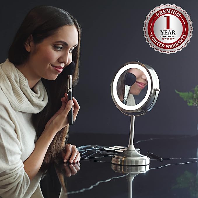 OVENTE 7'' Lighted Makeup Mirror with 1X/7X Magnification, Cordless Tabletop Mount Vanity Mirror with 360° Swivel Design & Double Sided Glow Cosmetic White LED Ring Light, Nickel Brushed MCT70BR1X7X