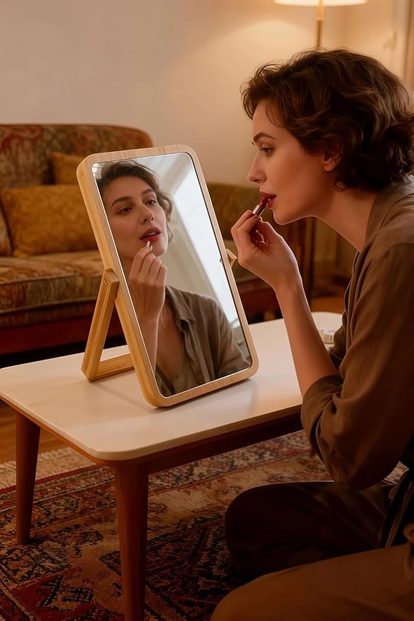 Tumecos Folding Bamboo Vanity Mirror, Tabletop Makeup Mirror, Adjustable HD Rectangle Mirror with Sturdy Stand, Natural Bamboo Frame for Bathroom, Bedroom, Dressing Room,Gift,S
