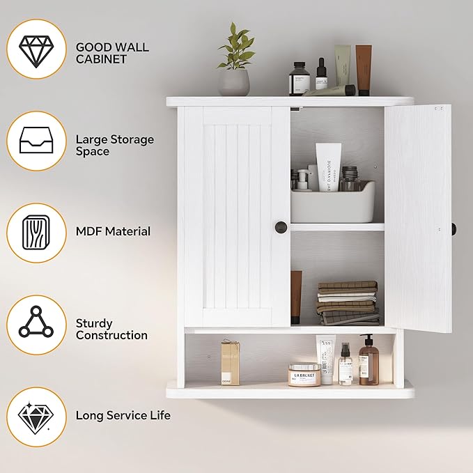Homeiju Wooden Farmhouse Style Rustic Medicine Cabinet with Two Barn Doors, Wooden Wall Mounted Storage Cabinet with Open and Hidden Storage Space, for Bathroom, Living Room, Kitchen, White