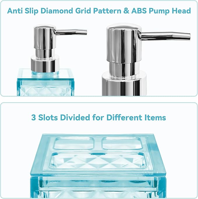 2PCS Cyan Bathroom Accessories. Contain Soap Dispenser and Toothbrush Holder Set. Boho Bathroom Set for Blue Bathroom Décor