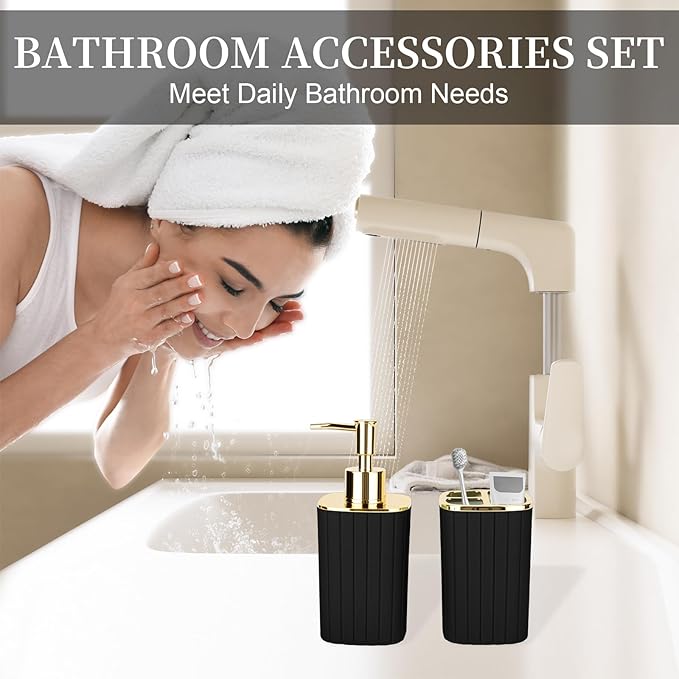 2PCS Bathroom Accessories Set, Black and Gold Bathroom Accessories Include Soap Dispenser and Toothbrush Holder for Boho Bathroom Decor