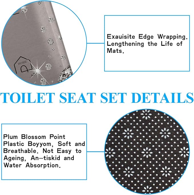 juwute 4Pcs Family Shower Curtain Sets with Non-Slip Rugs, Toilet Lid Cover and Bath Mat,Grey Glitter Diamond Home Bathroom Decor Set Accessories Waterproof Shower Curtains with 12 Hooks, 72 x 72 Inch