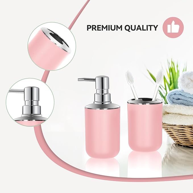 Pink Bathroom Accessories Set 2 PCS, Pink Bathroom Accessories, Plastic Soap Dispenser and Toothbrush Holder Set, Boho Bathroom Decor, Bathroom Set