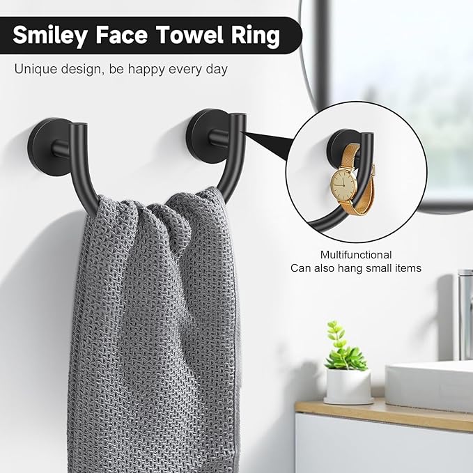 TNOMS Black Smiley Face Towel Ring Bathroom Hand Towel Holder Stainless Steel Wall-Mounted Bathroom Hardware Accessories Towel Rack